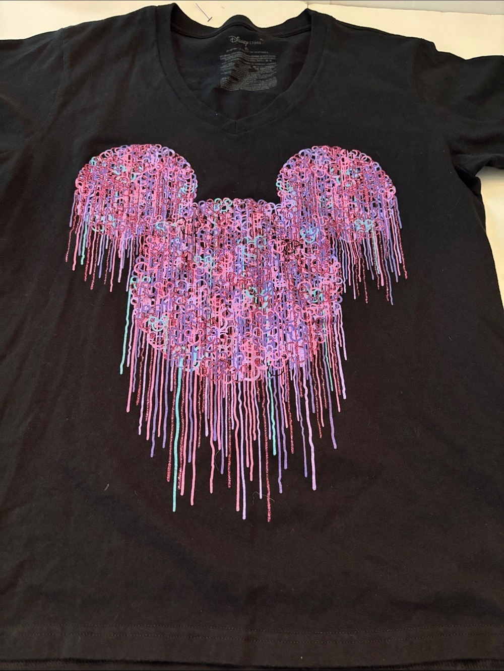 Disney Black Tee with Drippy Pink, Purple & Aqua Mickey Graphic V neck